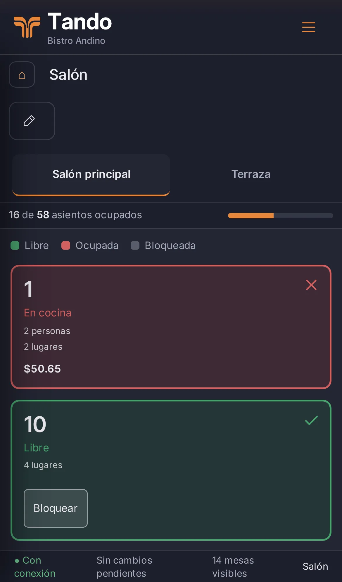 Salón de Tando en el teléfono con la mesa 1 en cocina y la mesa 10 libre.