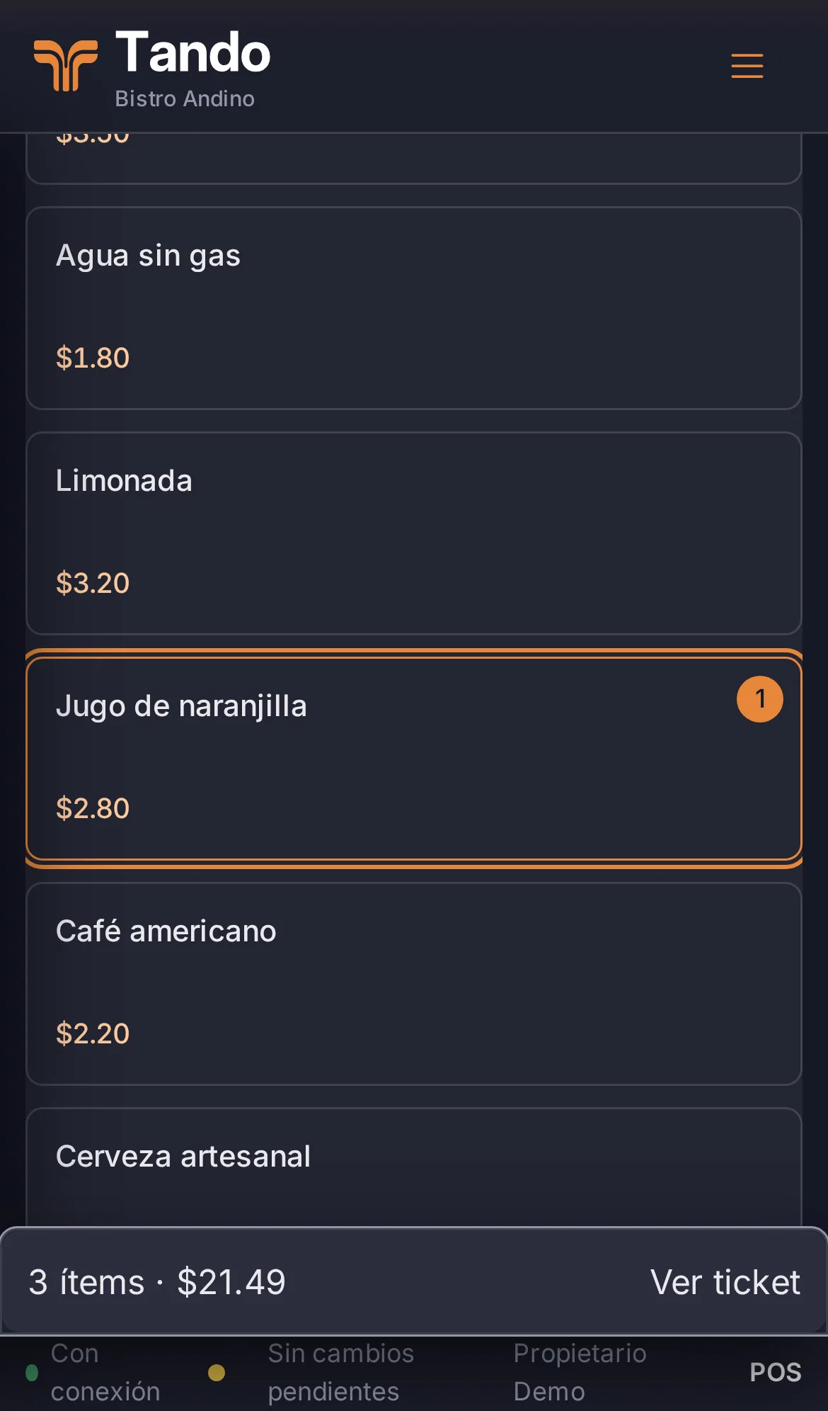 Venta rápida de Tando en el teléfono con la lista de productos y la comanda de 3 ítems.